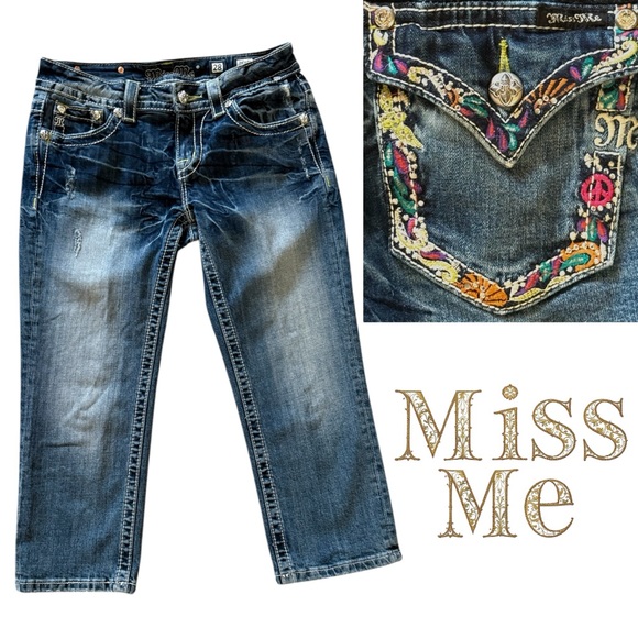 Miss Me Denim - Miss Me low rise jean capris multicolor floral peace embroidery and rhinestones